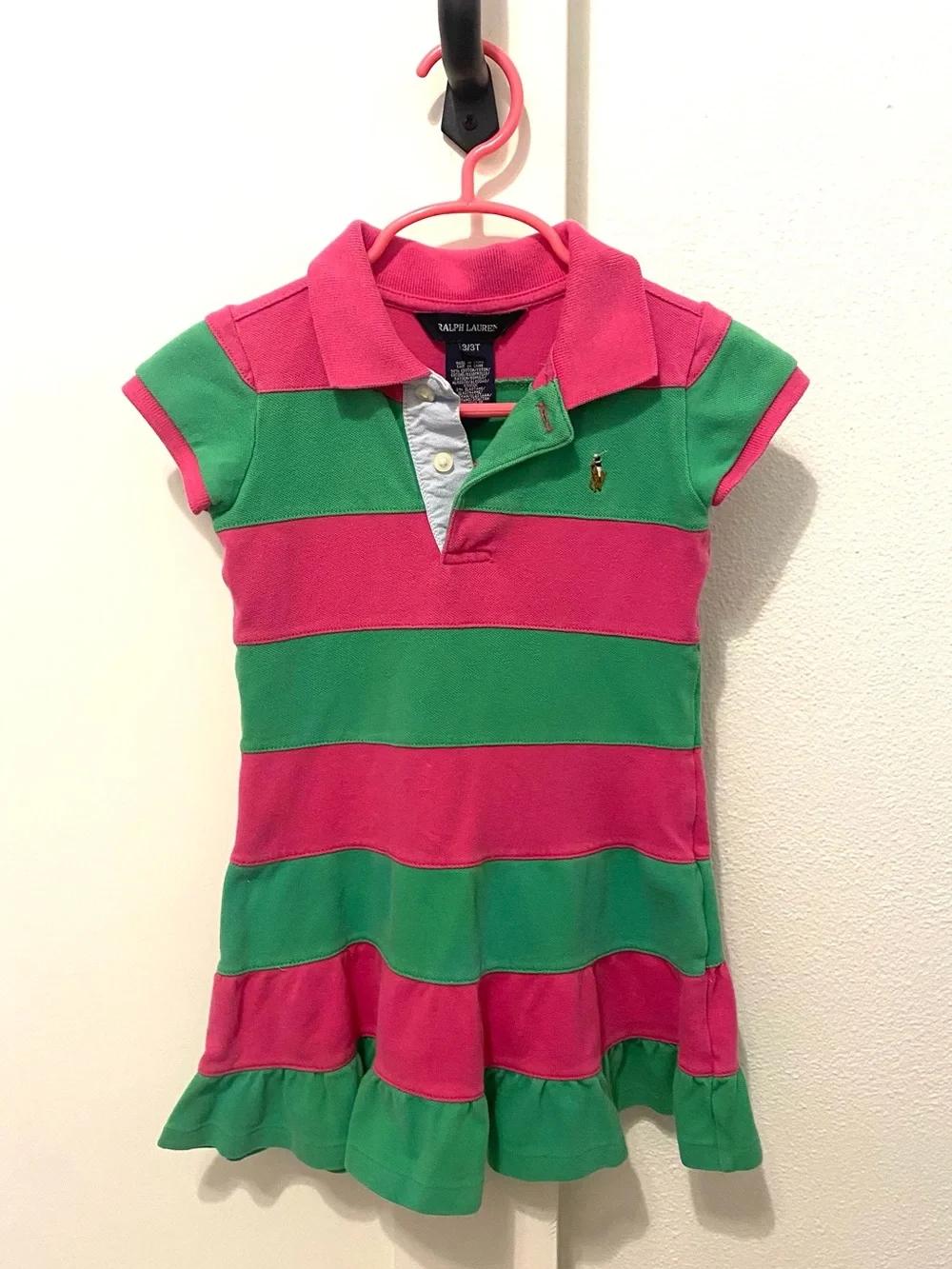 Ralph Lauren Girls Pink & Green Striped Polo Dress (3T)
